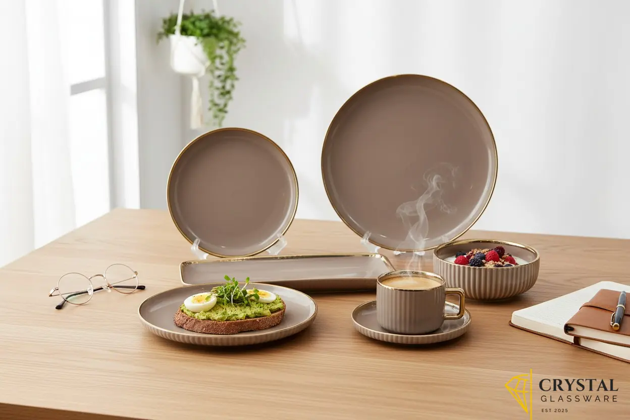 32-piece ceramic dinner set featuring a ribbed texture and gold trim